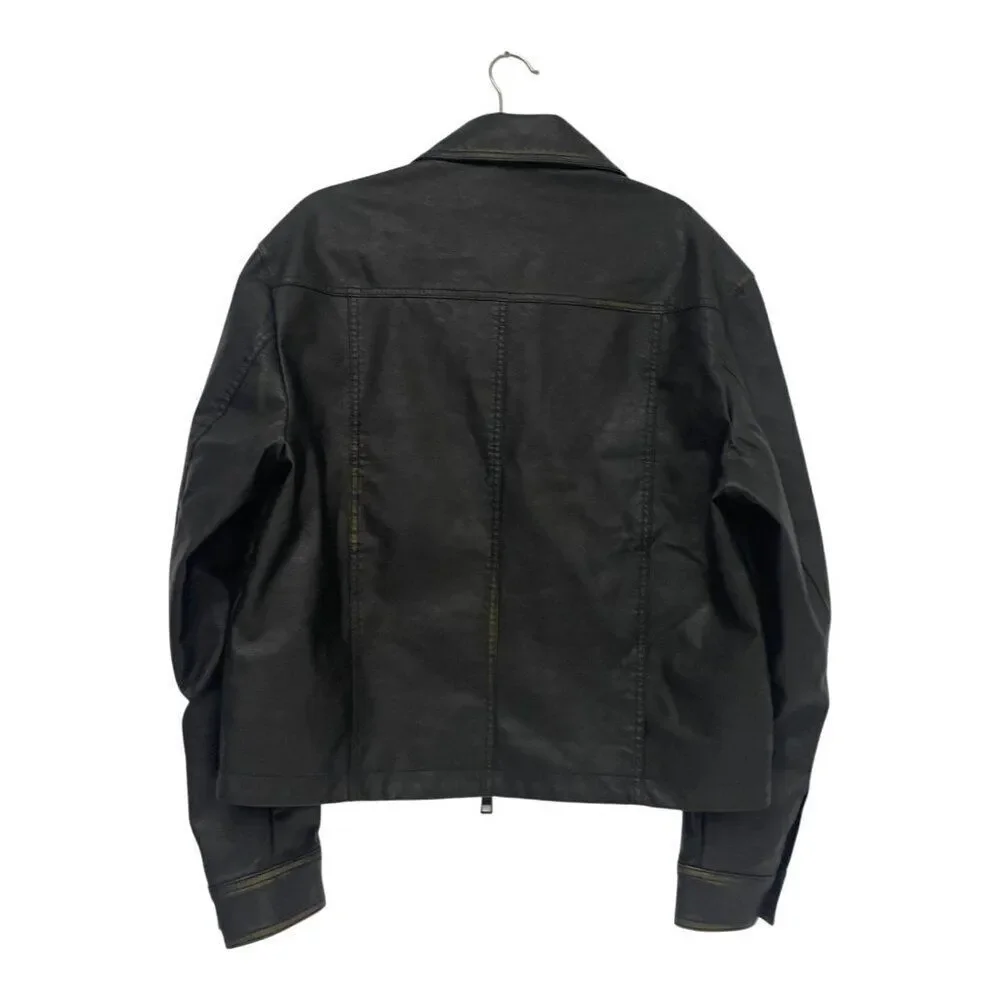 Zara Mens faux Leather Bomber Biker Jacket Coat L Large Black Full Zip NWOT